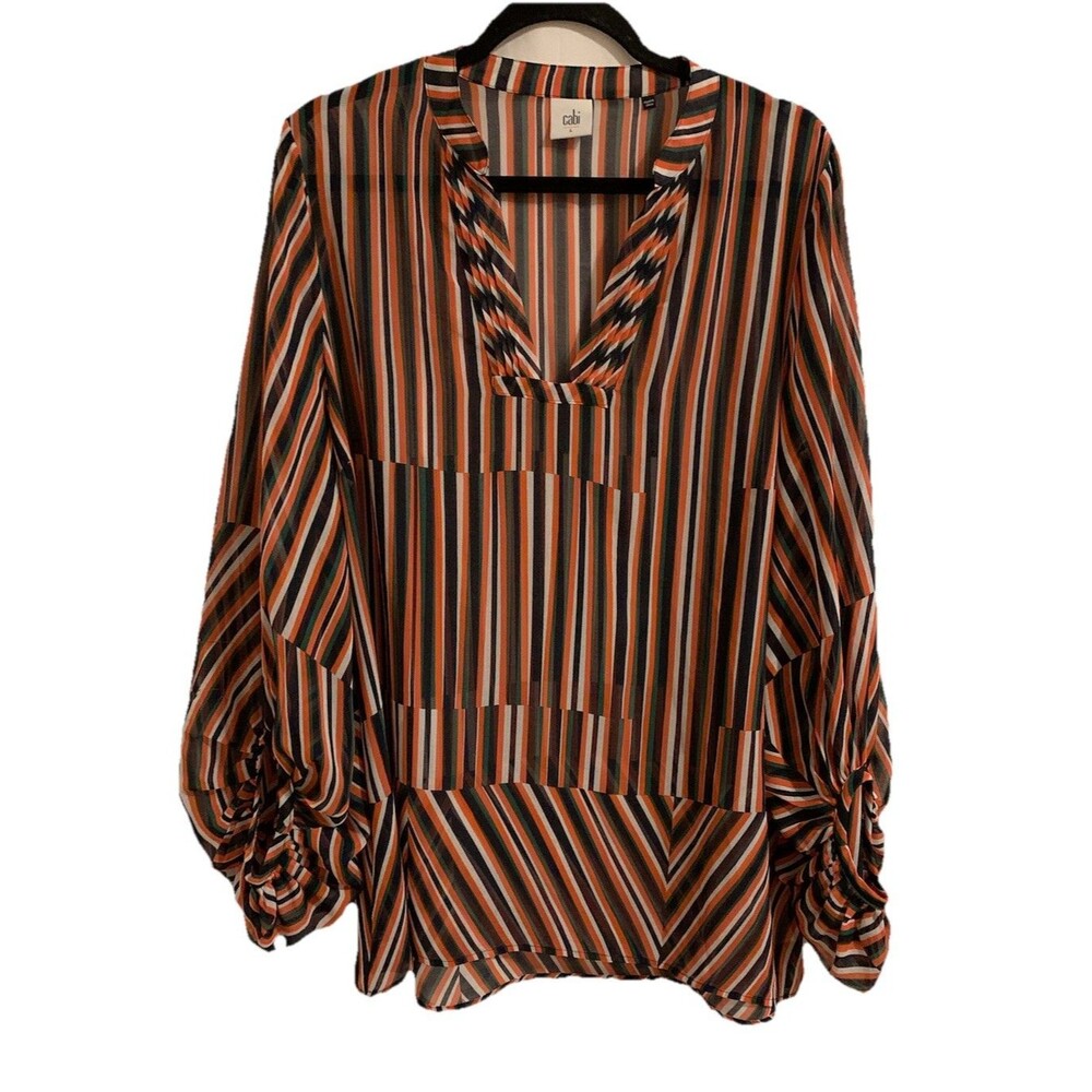 Cabi Womens Size Large Top Balloon Sleeves Lightweight Sheer Striped #5519